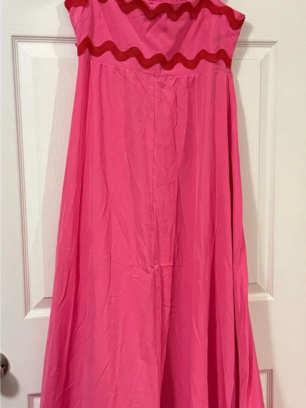 Pink Maxi Dress with Red Wave Trim - Women's Summer Dress